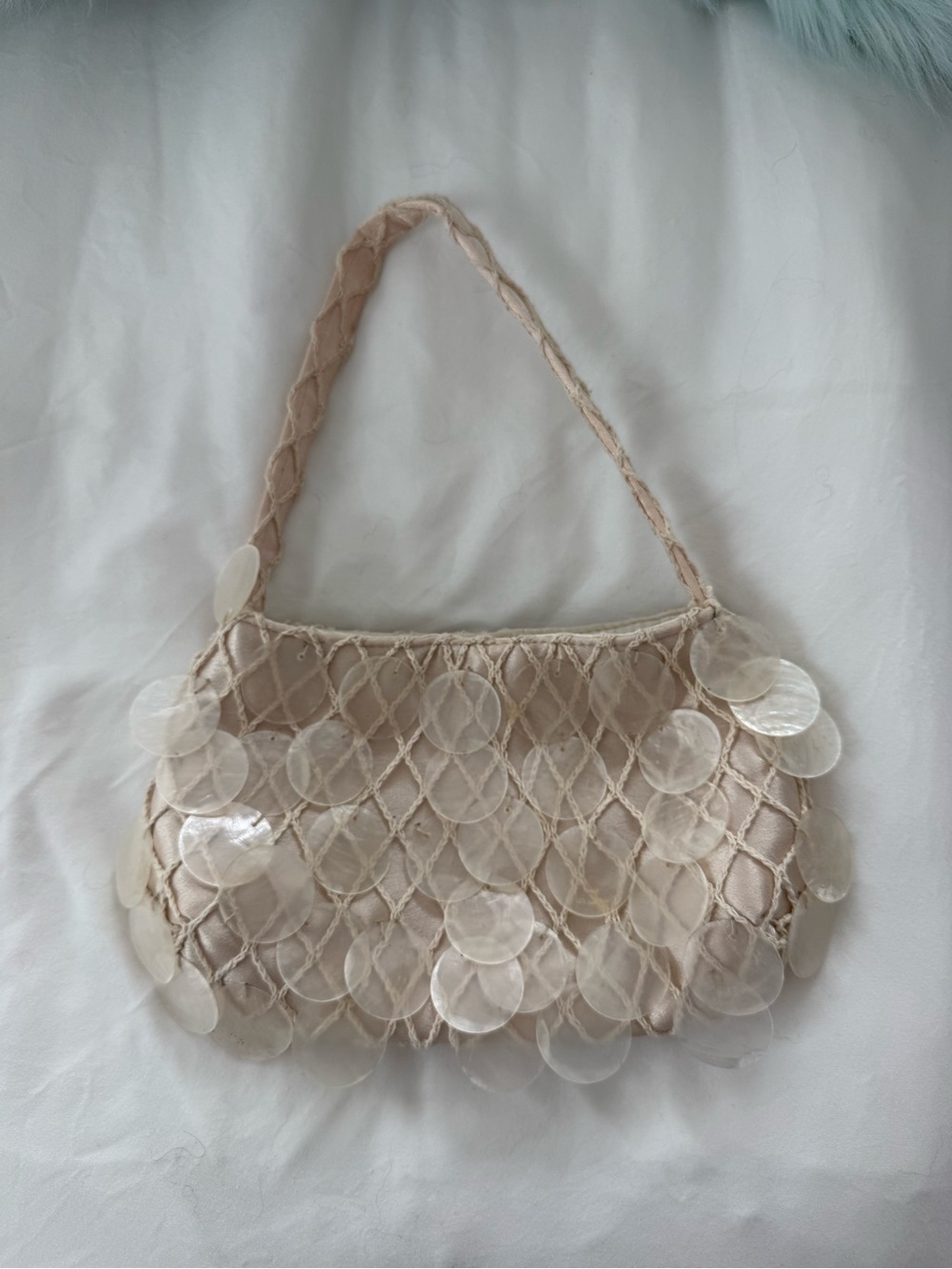 Beige Shell-Embellished Woven Shoulder Bag - Unbranded